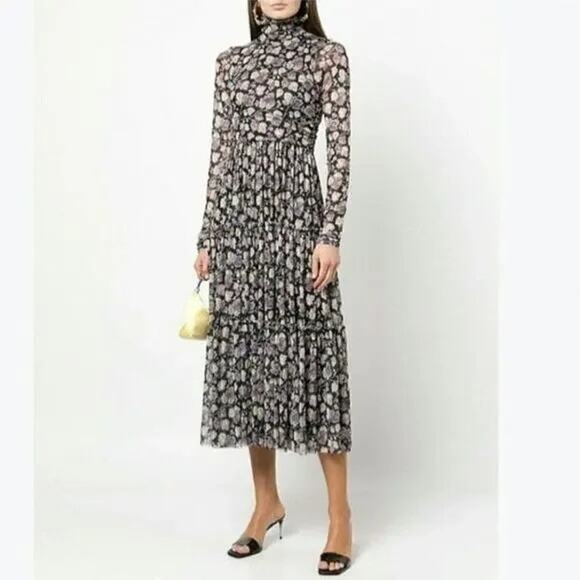 Cinq a Sept Kourt Midi Dress Printed Victorian High Neck Black Women 0 FLAWED - Picture 1 of 14